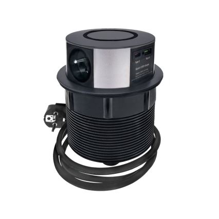 Kontaktligzdas kolonna galda virsmai ar Qi bezvadu uzlādi 3x230V + 1xUSB-A + 1xUSB-C melna/sudraba