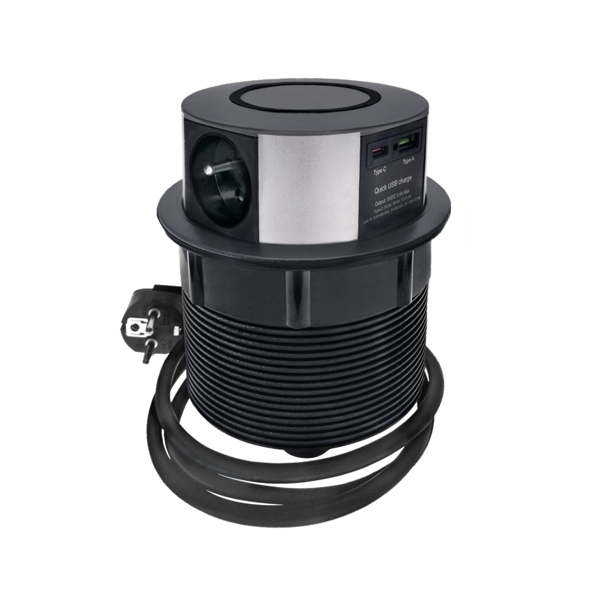 Kontaktligzdas kolonna galda virsmai ar Qi bezvadu uzlādi 3x230V + 1xUSB-A + 1xUSB-C melna/sudraba