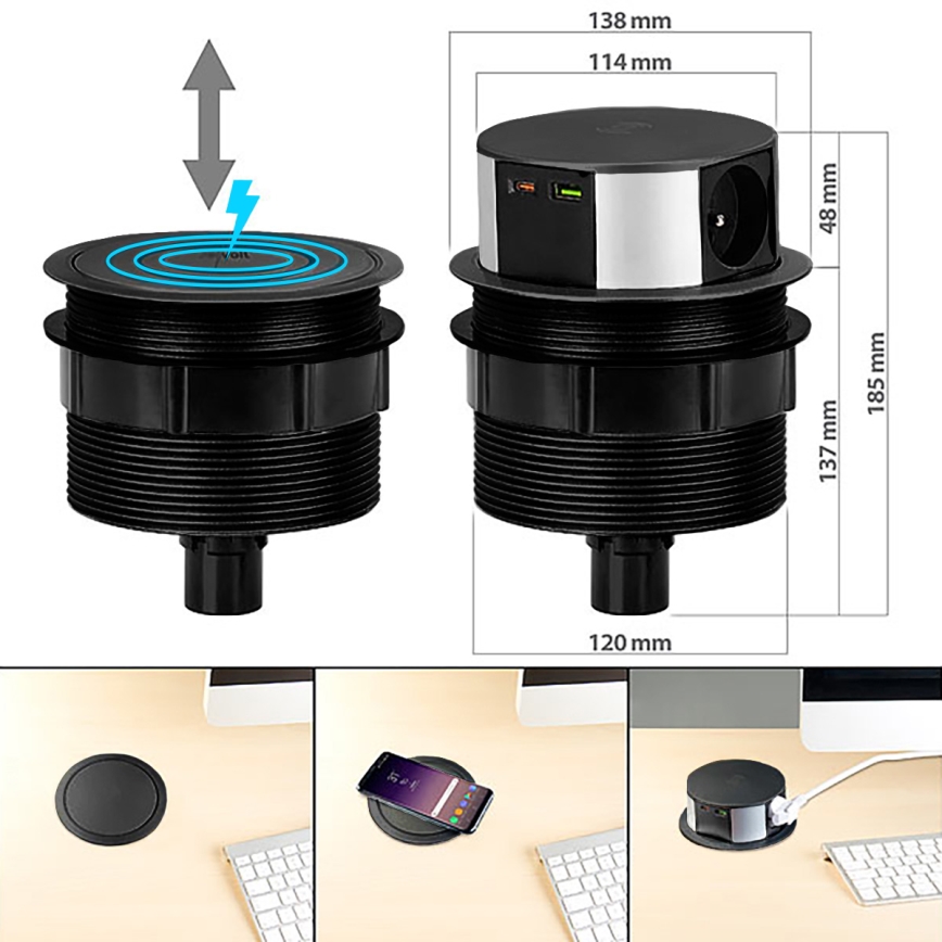 Kontaktligzdas kolonna galda virsmai ar Qi bezvadu uzlādi 3x230V + 1xUSB-A + 1xUSB-C melna/sudraba