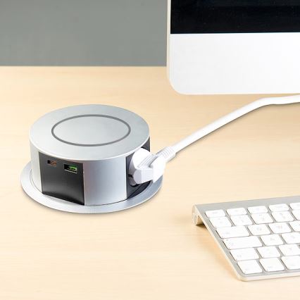 Kontaktligzdas kolonna galda virsmai ar Qi bezvadu uzlādi 3x230V + 1xUSB-A + 1xUSB-C sudraba/melna