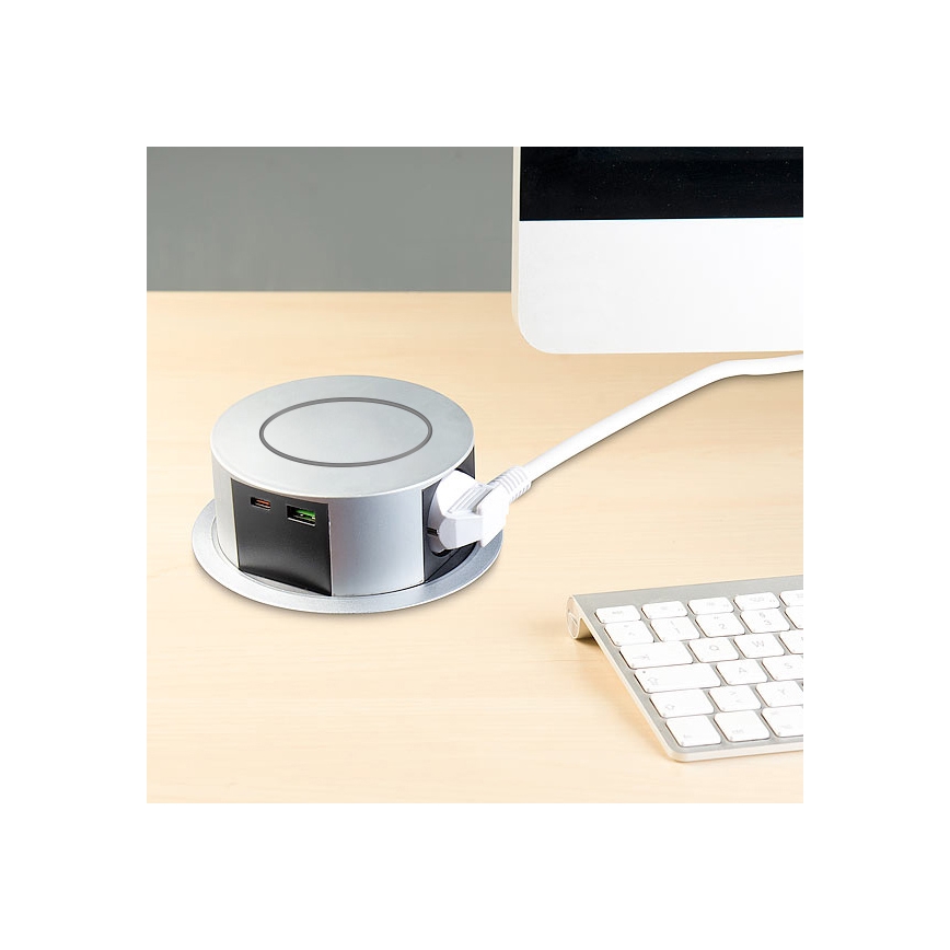 Kontaktligzdas kolonna galda virsmai ar Qi bezvadu uzlādi 3x230V + 1xUSB-A + 1xUSB-C sudraba/melna