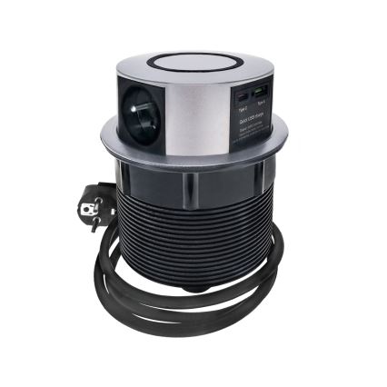 Kontaktligzdas kolonna galda virsmai ar Qi bezvadu uzlādi 3x230V + 1xUSB-A + 1xUSB-C sudraba/melna