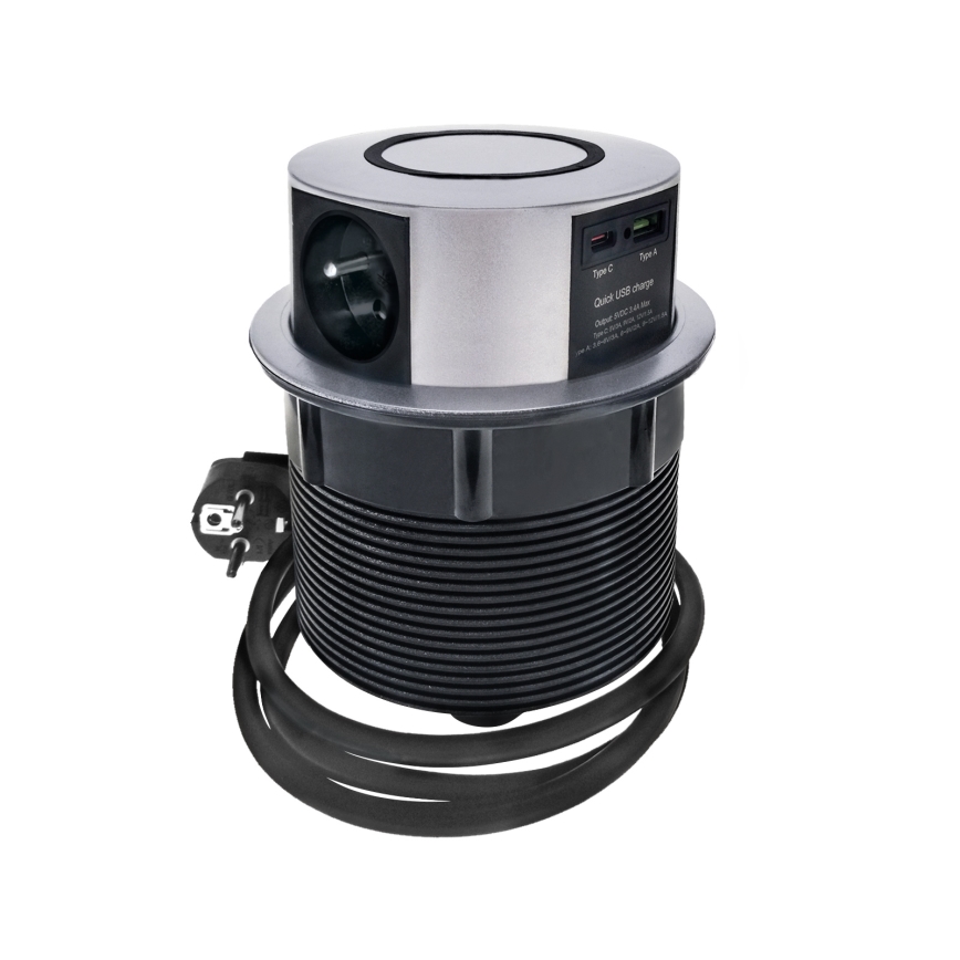 Kontaktligzdas kolonna galda virsmai ar Qi bezvadu uzlādi 3x230V + 1xUSB-A + 1xUSB-C sudraba/melna