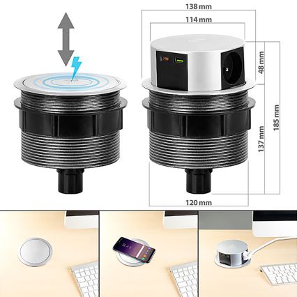 Kontaktligzdas kolonna galda virsmai ar Qi bezvadu uzlādi 3x230V + 1xUSB-A + 1xUSB-C sudraba/melna