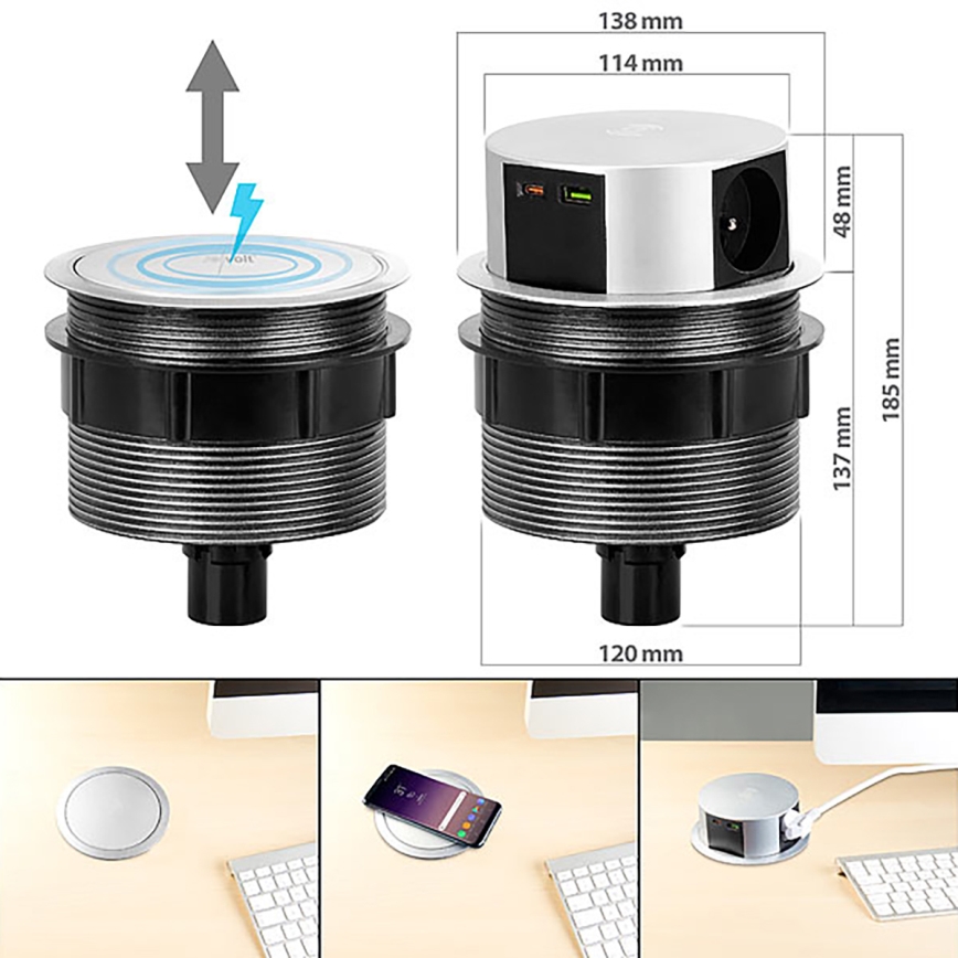 Kontaktligzdas kolonna galda virsmai ar Qi bezvadu uzlādi 3x230V + 1xUSB-A + 1xUSB-C sudraba/melna