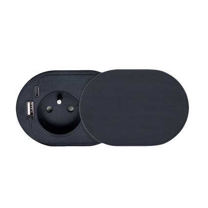 Iebūvējama kontaktligzda ar bīdāmu vāku 20W, 1 kontaktligzda + USB A+C, melna