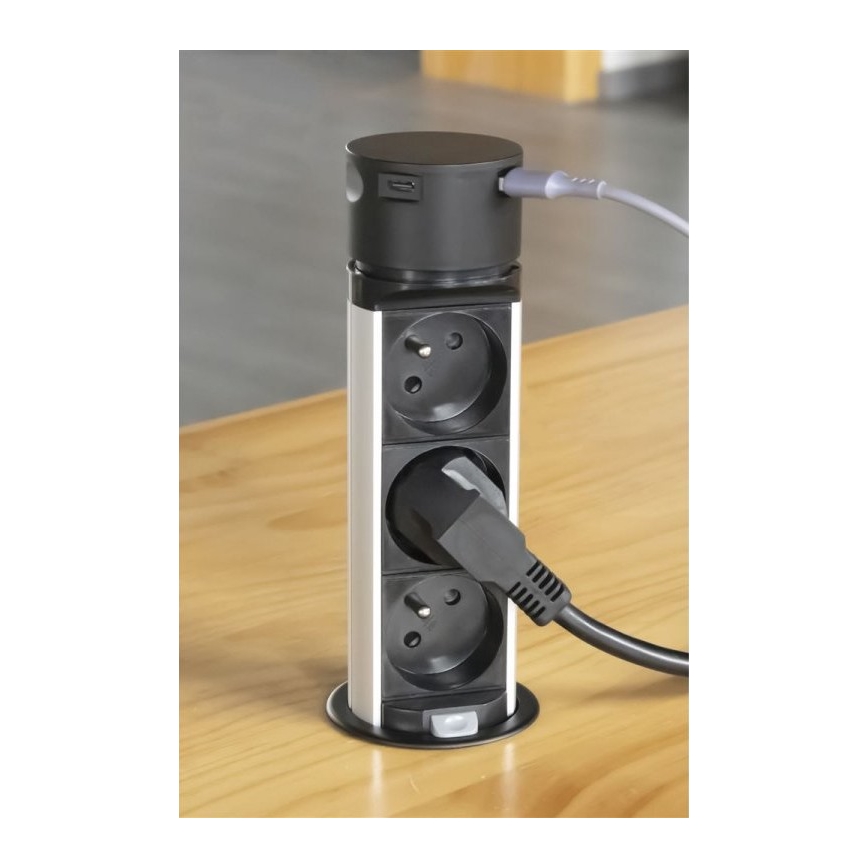 Kolonna ar kontaktligzdām galda virsmai 3x230V + 2xUSB melna