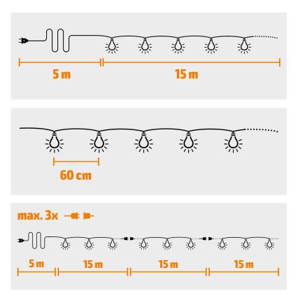 LED āra dekoratīvā virtene GIRLANDA 25xE12 20m IP44 silti balta