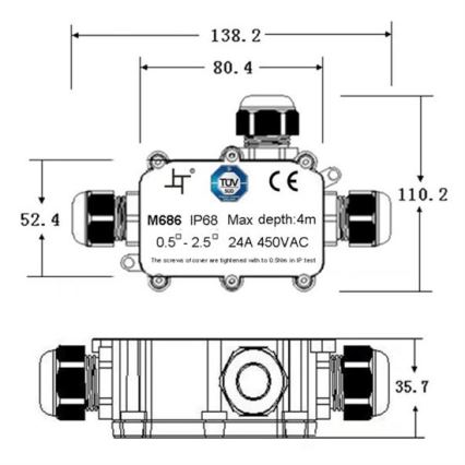 Ūdensizturīga sadales kaste 24A/450V AC IP68