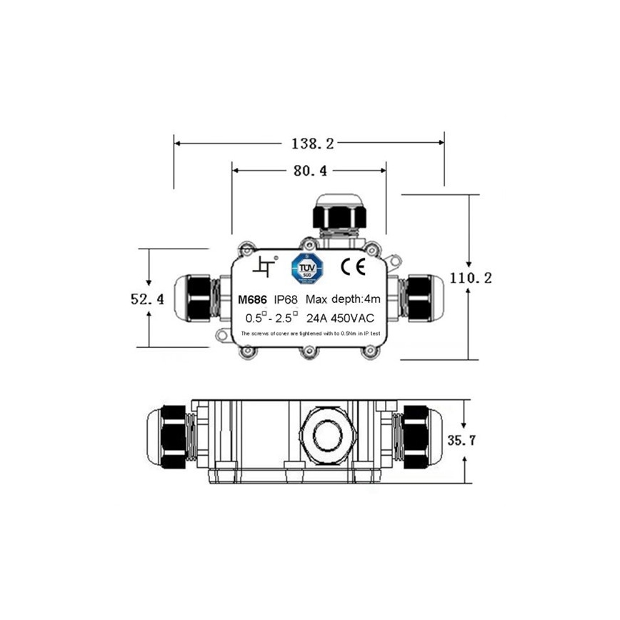 Ūdensizturīga sadales kaste 24A/450V AC IP68
