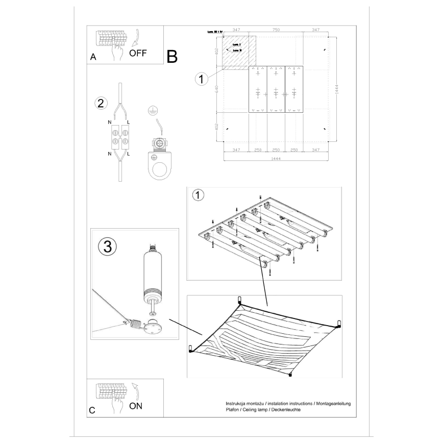LED griestu lampa LUNA 6xG13/8,5W/230V 140x140 cm balta
