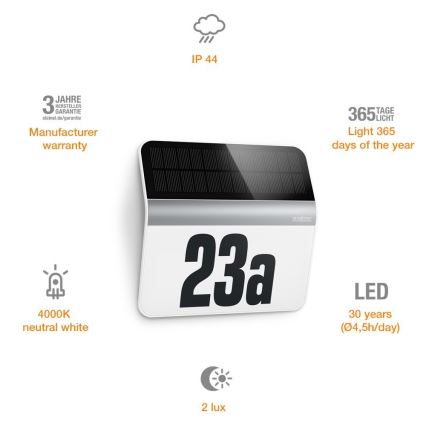 STEINEL 007140 - LED Saules enerģijas mājas numurs XSolar LH-N LED/0,03W nerūsējošs tērauds IP44 2500 mAh