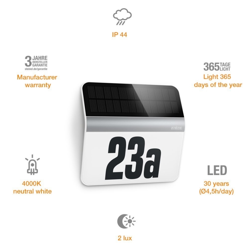 STEINEL 007140 - LED Saules enerģijas mājas numurs XSolar LH-N LED/0,03W nerūsējošs tērauds IP44 2500 mAh