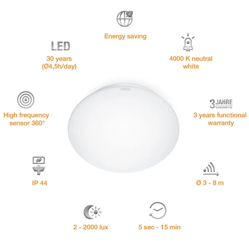 STEINEL 008383 - LED Vannas istabas gaismeklis ar sensoru RS16LED LED/9,5W/230V