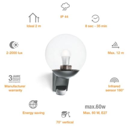 Steinel 035723 - Āra sienas lampa ar sensoru L585S 1xE27/60W/230V