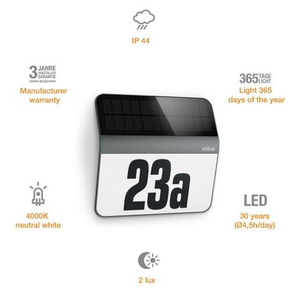 STEINEL 035730 - LED Saules enerģijas mājas numurs XSolar LH-N LED/0,03W IP44 2500 mAh