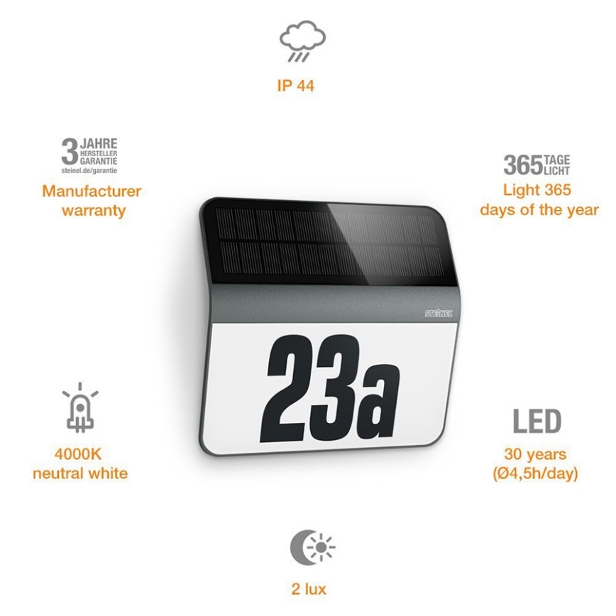 STEINEL 035730 - LED Saules enerģijas mājas numurs XSolar LH-N LED/0,03W IP44 2500 mAh