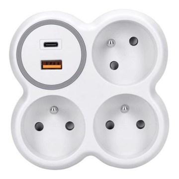 Strāvas sadalītājs 3x 16 A ar USB-A un USB-C 20 W ātrlādētāju