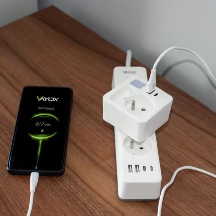 Strāvas sadalītājs ar 2 kontaktligzdām + USB-C + USB-A un LED apgaismojumu LED/0,5W/230V 3000K