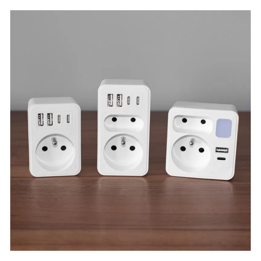 Strāvas sadalītājs ar 2 kontaktligzdām + USB-C + USB-A un LED apgaismojumu LED/0,5W/230V 3000K