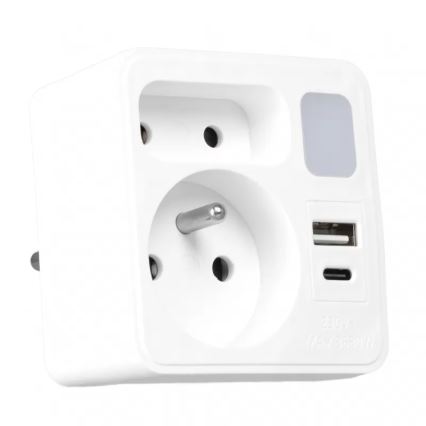 Strāvas sadalītājs ar 2 kontaktligzdām + USB-C + USB-A un LED apgaismojumu LED/0,5W/230V 3000K