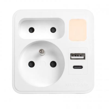 Strāvas sadalītājs ar 2 kontaktligzdām + USB-C + USB-A un LED apgaismojumu LED/0,5W/230V 3000K