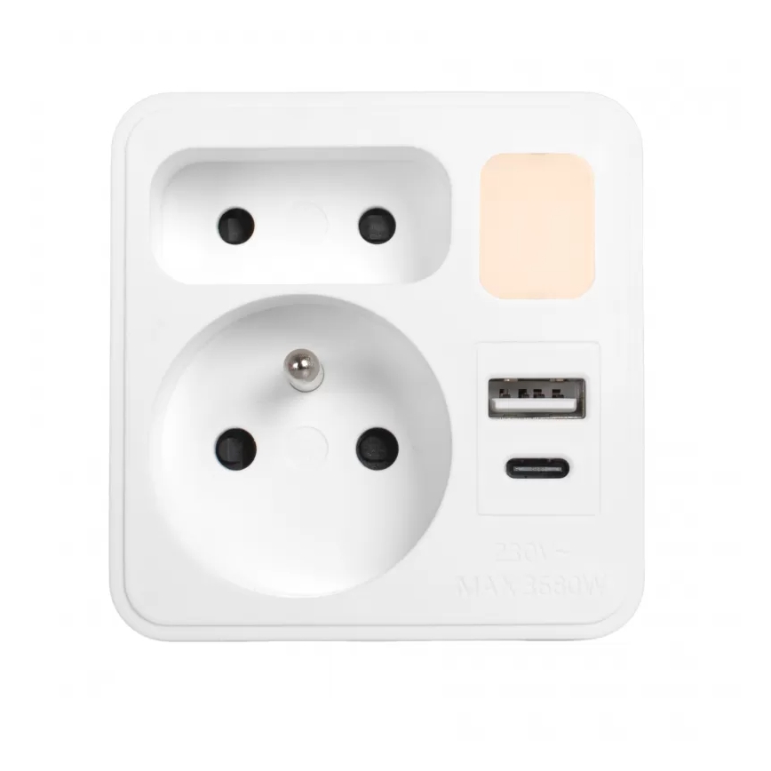 Strāvas sadalītājs ar 2 kontaktligzdām + USB-C + USB-A un LED apgaismojumu LED/0,5W/230V 3000K