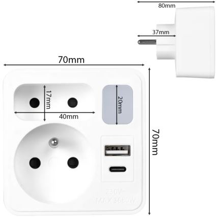 Strāvas sadalītājs ar 2 kontaktligzdām + USB-C + USB-A un LED apgaismojumu LED/0,5W/230V 3000K