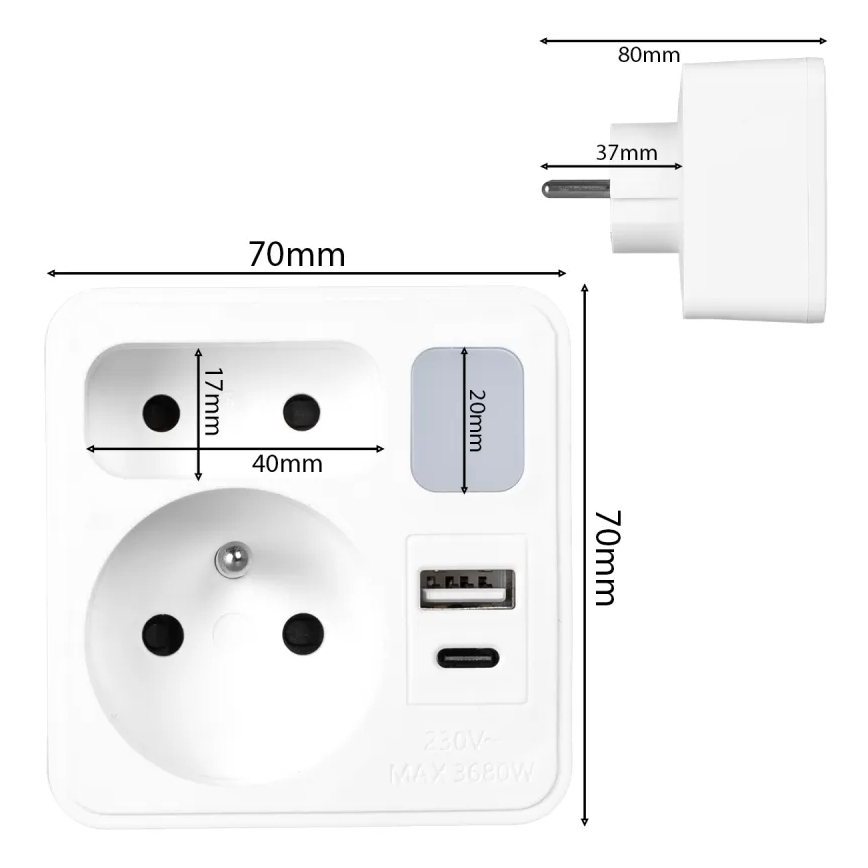 Strāvas sadalītājs ar 2 kontaktligzdām + USB-C + USB-A un LED apgaismojumu LED/0,5W/230V 3000K
