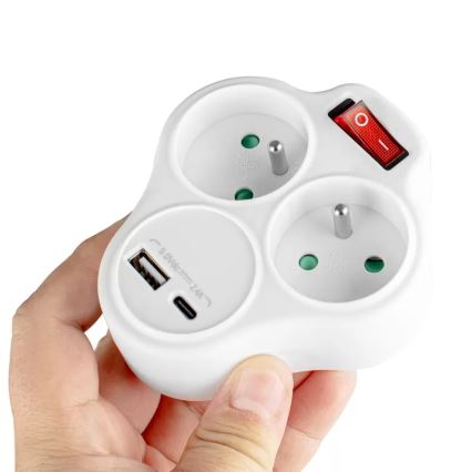 Strāvas sadalītājs ar slēdzi, 2 kontaktligzdas + USB-C + USB-A