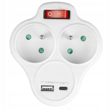 Strāvas sadalītājs ar slēdzi, 2 kontaktligzdas + USB-C + USB-A