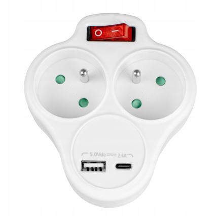 Strāvas sadalītājs ar slēdzi, 2 kontaktligzdas + USB-C + USB-A