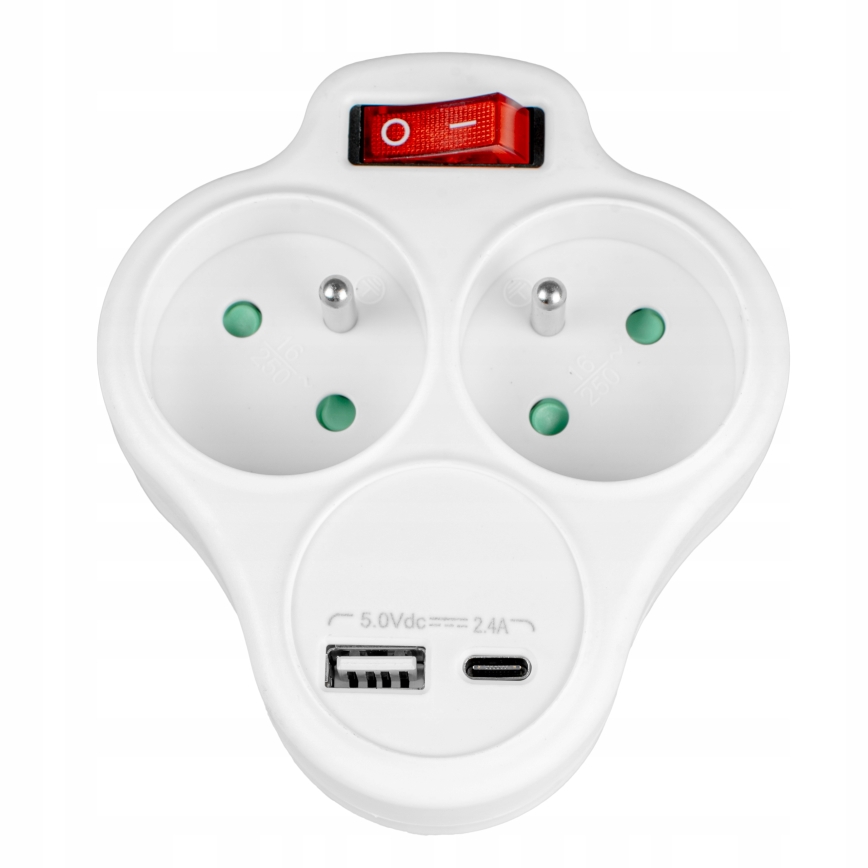 Strāvas sadalītājs ar slēdzi, 2 kontaktligzdas + USB-C + USB-A
