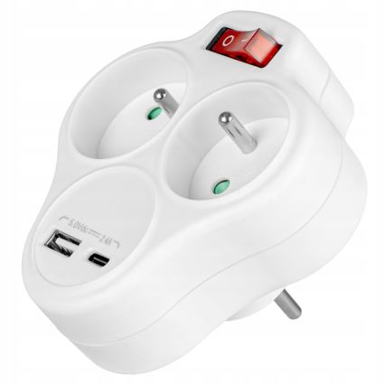 Strāvas sadalītājs ar slēdzi, 2 kontaktligzdas + USB-C + USB-A