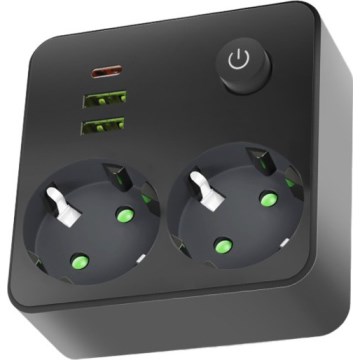 Strāvas sadalītājs ar slēdzi LINEA, 2x 230 V + 3x USB (A/C), SCHUKO — melns