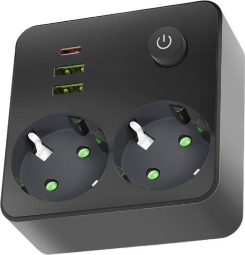 Strāvas sadalītājs ar slēdzi LINEA, 2x 230 V + 3x USB (A/C), SCHUKO — melns