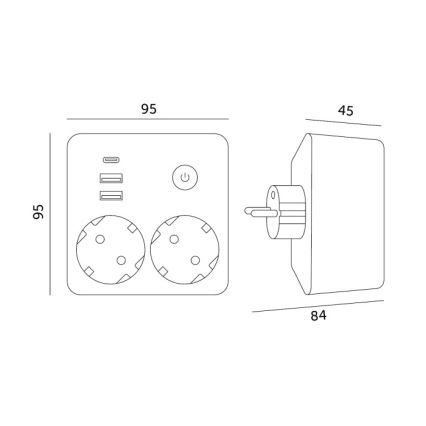 Strāvas sadalītājs ar slēdzi LINEA, 2x 230 V + 3x USB (A/C), SCHUKO — melns