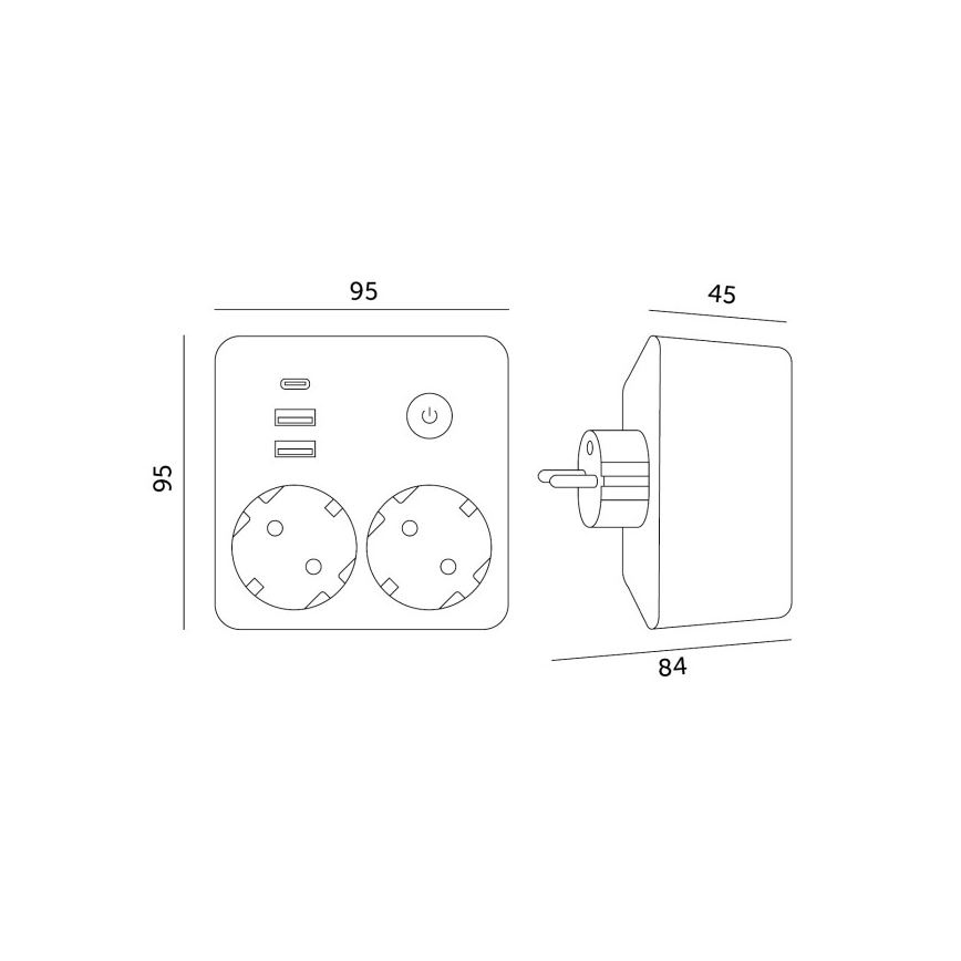 Strāvas sadalītājs ar slēdzi LINEA, 2x 230 V + 3x USB (A/C), SCHUKO — melns