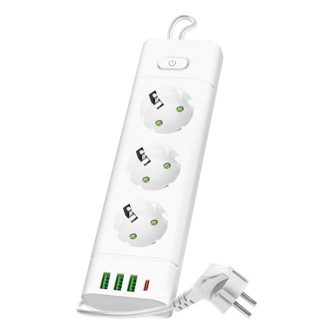 Strāvas sadalītājs ar slēdzi LINEA PRO 3x230V + 3xUSB-A + 1xUSB-C SCHUKO 3 m balts