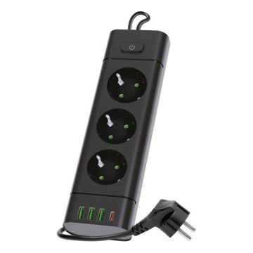 Strāvas sadalītājs ar slēdzi LINEA PRO 3x230V + 3xUSB-A + 1xUSB-C SCHUKO 3 m melns