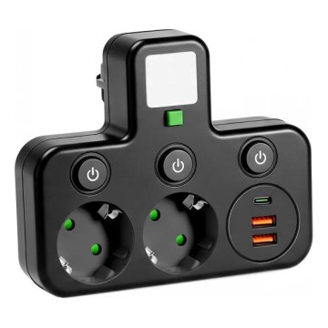 Strāvas sadalītājs ar slēdzi un LED apgaismojumu LINEA PRO 2 ligzdas + 3x USB A/C SCHUKO 4000K melns
