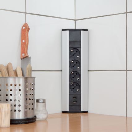 Stūra kontaktligzdu stabs 4x230V + 2xUSB-A melns/sudraba