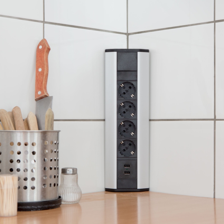 Stūra kontaktligzdu stabs 4x230V + 2xUSB-A melns/sudraba