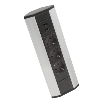 Stūra kontaktligzdu stabs ar 3x230V + 2xUSB-A, melns/sudraba