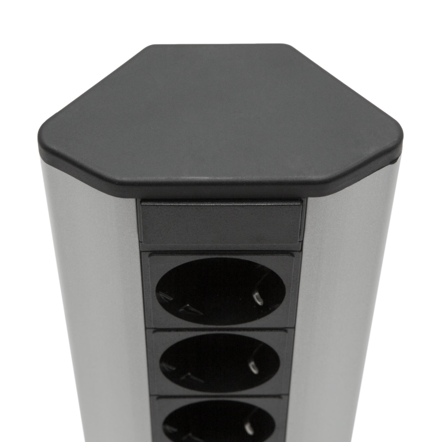Stūra kontaktligzdu stabs ar 3x230V + 2xUSB-A, melns/sudraba
