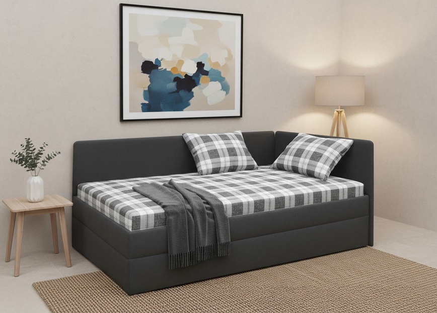 Tapisēta dienasgulta ar universālu kreisās/labās puses gultas galvgali ARLY 110x200 cm antracīta/balta