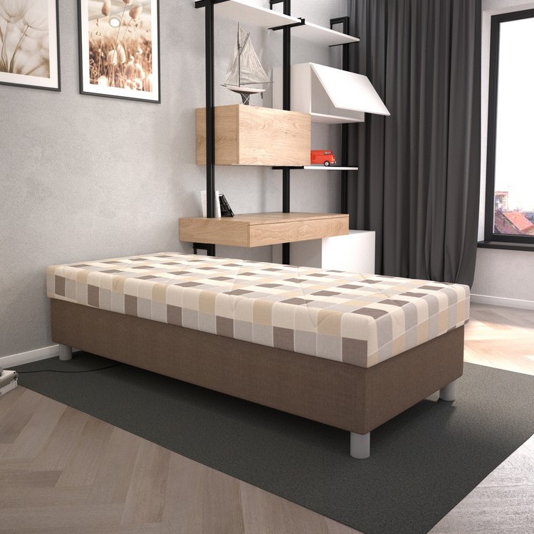 Tapisēta gulta ar uzglabāšanas nodalījumu un matraci GEORGE 90x200 cm brūna