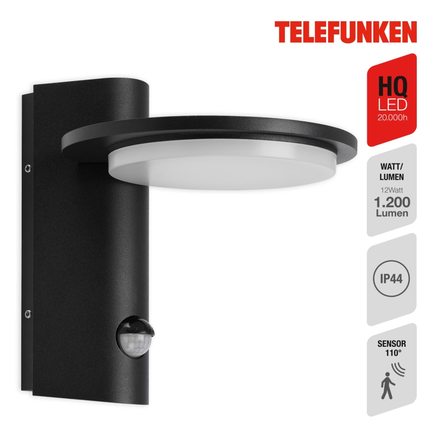 Telefunken 312505TF-LED Āra sienas lampa ar sensoru LED/10W/230V IP44 melna
