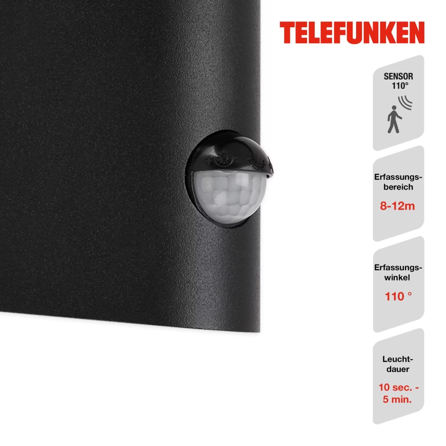 Telefunken 312505TF-LED Āra sienas lampa ar sensoru LED/10W/230V IP44 melna