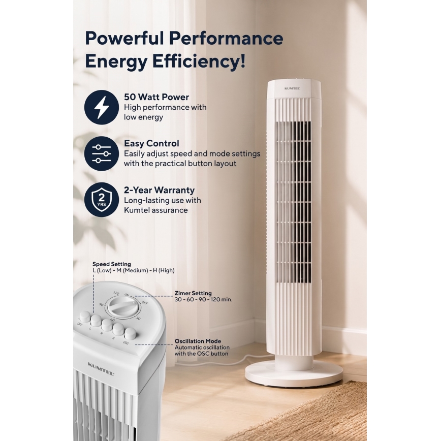 Torņa ventilators 50W/230V 74,5 cm balts